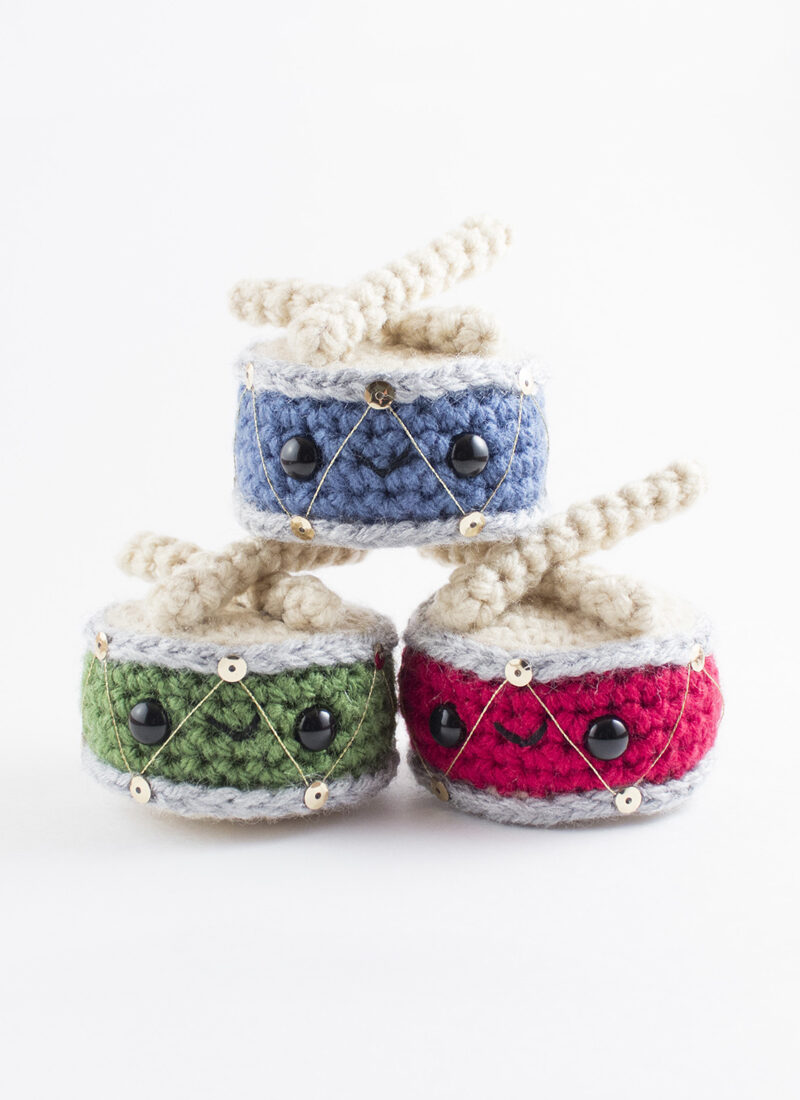 Three crochet drums assembled complete 12 drummers drumming feature free amigurumi pattern pnc bank 01