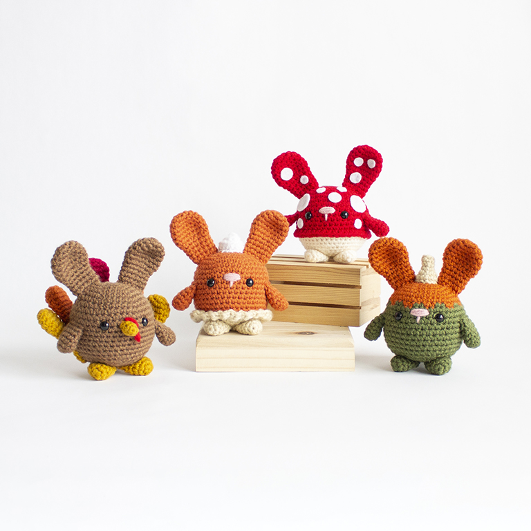 Free Crochet Chubby Bunny Fall Amigurumi Patterns Full Set Hero Turkey Gourd Pumpkin Pie Mushroom