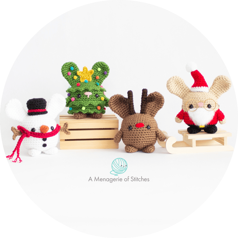 Christmas Crochet Patterns Feature Circle Watermark - Snowman Reindeer Santa Claus and Christmas Tree