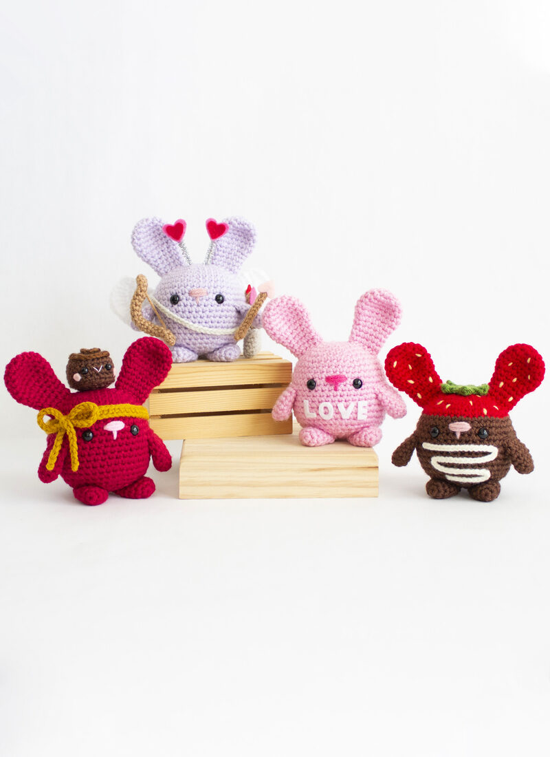FREE Crochet Valentine’s Day Bunnies - Group Feature - Cupid Bunny - Conversation Heart Bunny - Chocolate Covered Strawberry Bunny - Chocolate Box Bunny