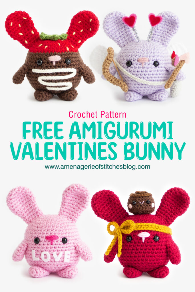 FREE Crochet Valentine’s Day Bunnies - Group Pin 01 - Cupid Bunny - Conversation Heart Bunny - Chocolate Covered Strawberry Bunny - Chocolate Box Bunny