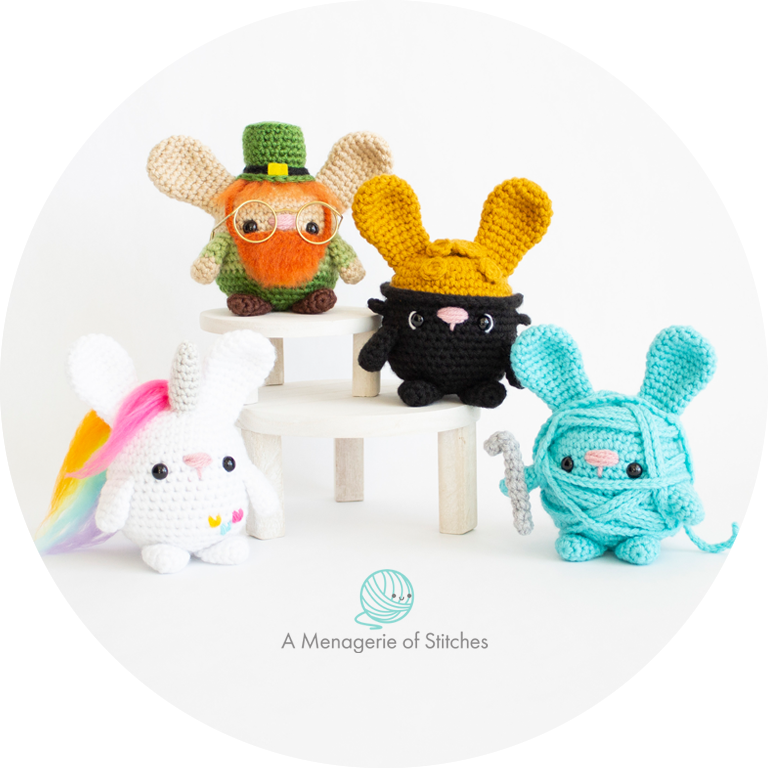 FREE Crochet St. Patricks Day Amigurumi Bunnies - Pot of Gold Bunnt, Unicorn Bunny, Leprechaun Bunny, Yarn Ball HERO ALL 4