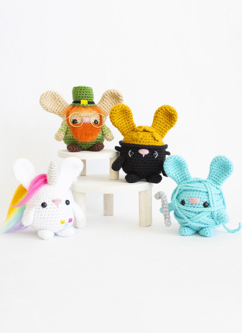 FREE Crochet St. Patricks Day Amigurumi Bunnies - Pot of Gold Bunnt, Unicorn Bunny, Leprechaun Bunny, Yarn Ball Bunny Feature