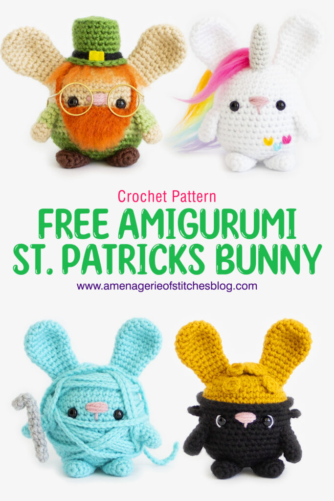 FREE Crochet St. Patricks Day Amigurumi Bunnies - Pot of Gold Bunnt, Unicorn Bunny, Leprechaun Bunny, Yarn Ball Bunny Pin 1