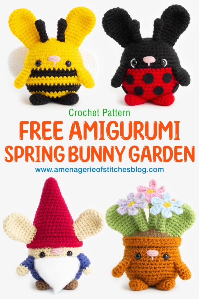 Spring Garden Bunnies Crochet Amigurumi Patterns - Bumblebee, Lady Bug, Gnome, Flower Pot - FULL HERO PIN - 01