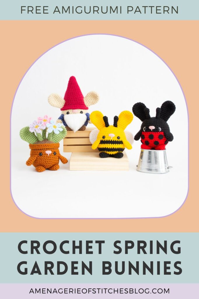 Spring Garden Bunnies Crochet Amigurumi Patterns - Bumblebee, Lady Bug, Gnome, Flower Pot - FULL HERO PIN - 02