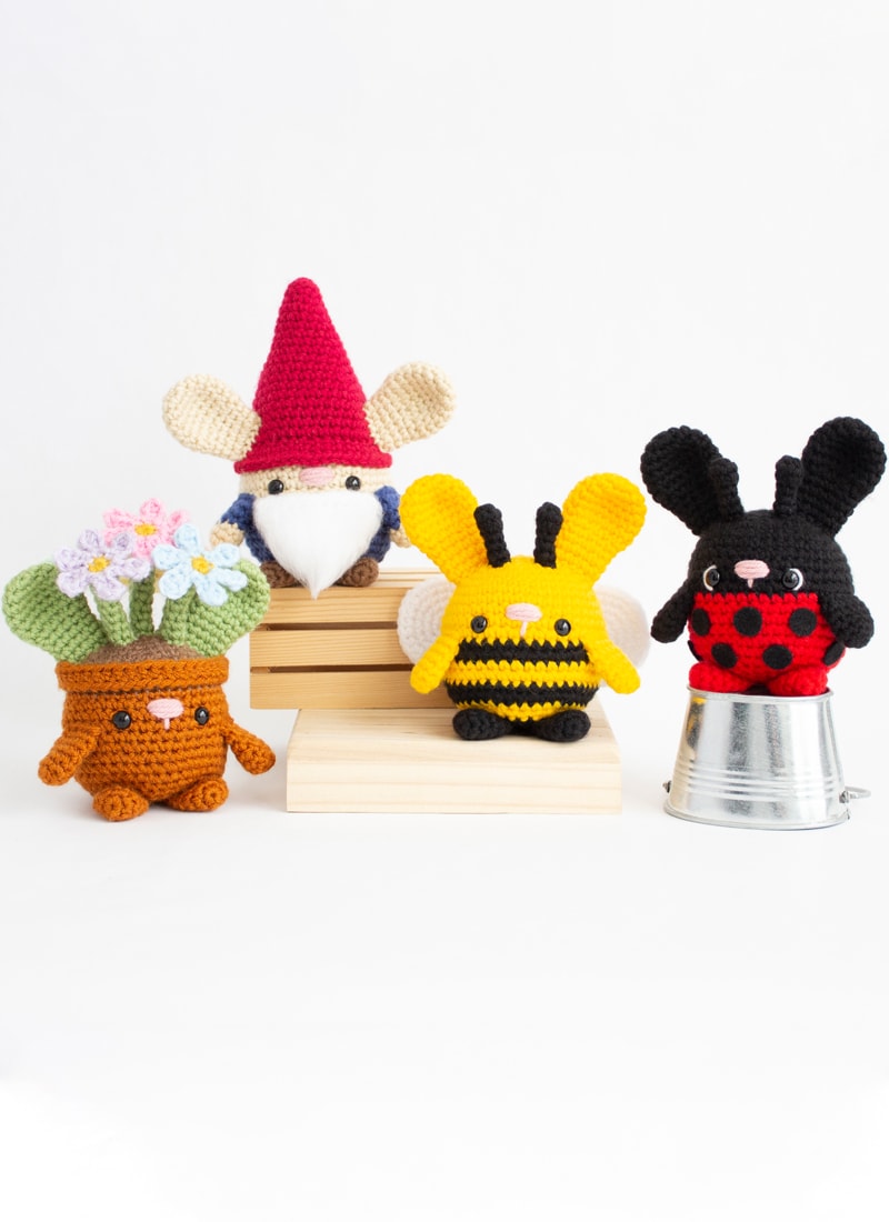 Spring Garden Bunnies Crochet Amigurumi Patterns - Bumblebee, Lady Bug, Gnome, Flower Pot - FEATURE BUNNIES
