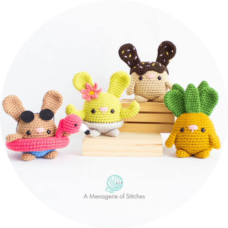 Summer Chubby Bunnies Crochet Amigurumi Patterns - Donut, Pineapple, Beach Bunny, Saguaro Cactus - HERO BUNNIES IMAGE