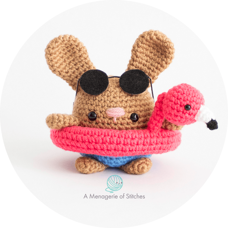 Amigurumi Summer Chubby Bunny Free Crochet Pattern- Beach Bunny Flamingo Floatie Sunglasses Hero