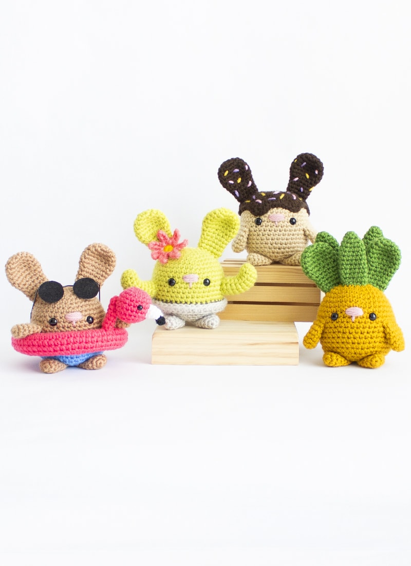 Summer Chubby Bunnies Crochet Amigurumi Patterns - Donut, Pineapple, Beach Bunny, Saguaro Cactus - FEATURE BUNNIES IMAGE
